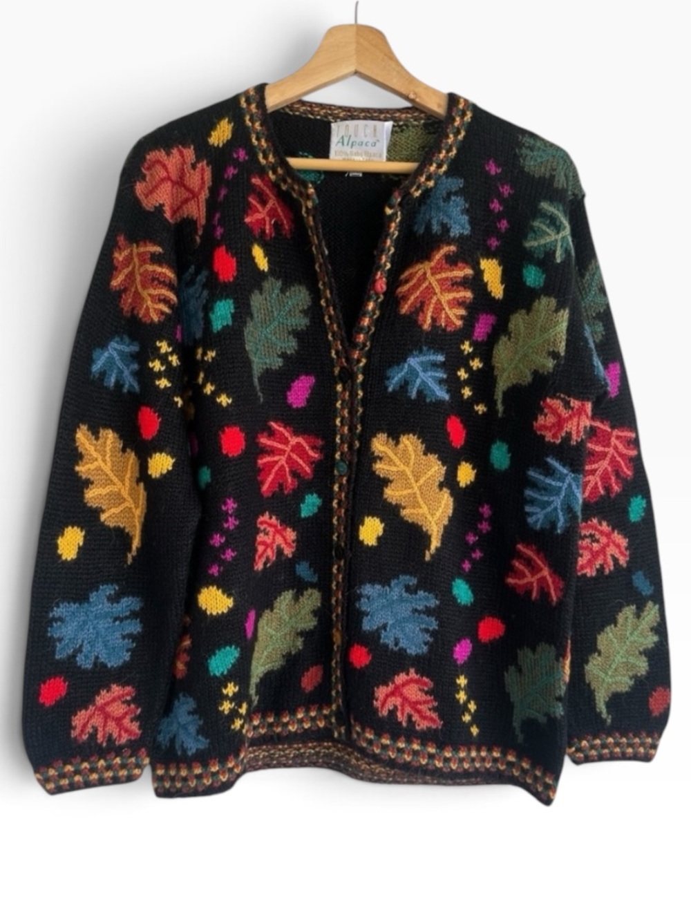 Vintage Alpaca Leaf Print Baby Alpaca Cardigan Sweater Sz M